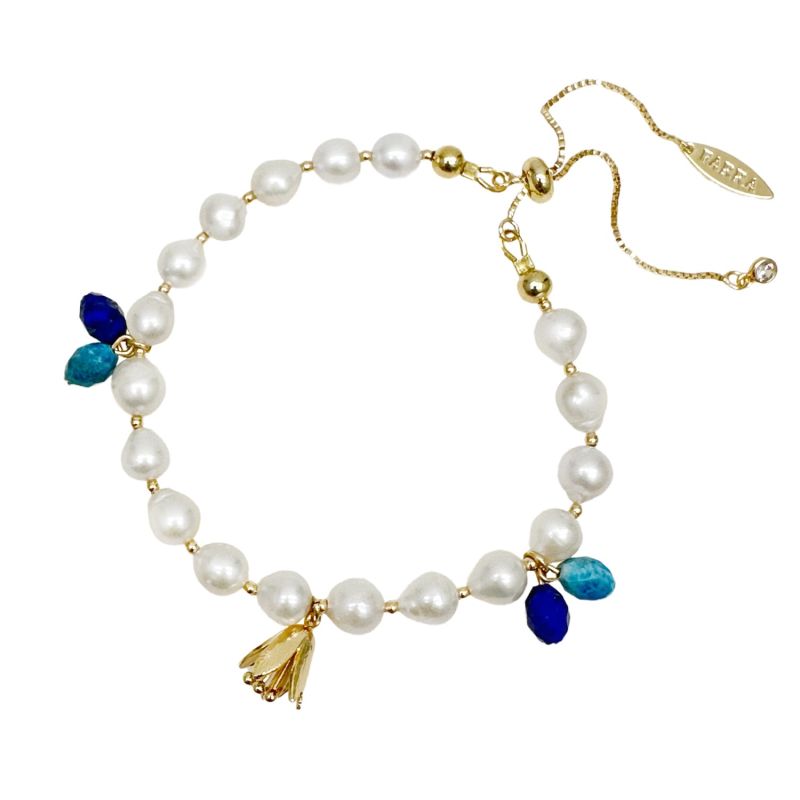 Freshwater Pearls With Blue Gemstone And Flower Charms Bracelet image