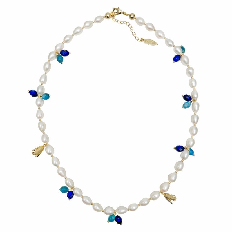 Freshwater Pearls With Blue Gemstone And Flower Charms Necklace image