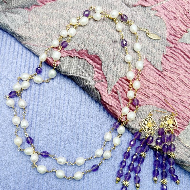 Freshwater Pearls With Purple Amethyst Long Necklace image