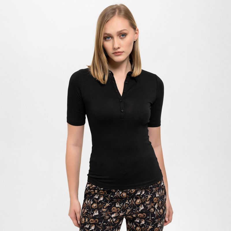 Front Buttoned Collared Short Sleeve Lycra Blouse  In Black image