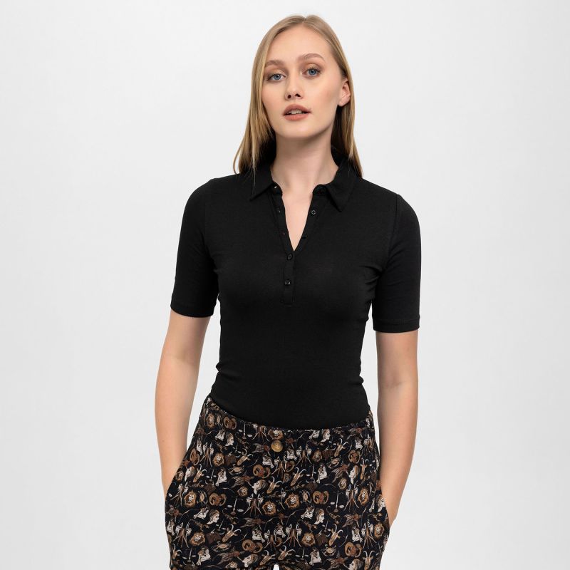 Front Buttoned Collared Short Sleeve Lycra Blouse  In Black image