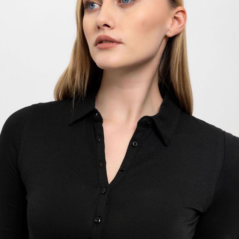 Front Buttoned Collared Short Sleeve Lycra Blouse  In Black image