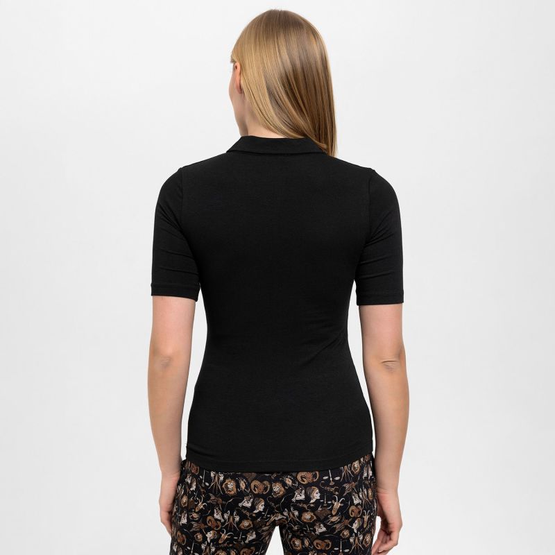 Front Buttoned Collared Short Sleeve Lycra Blouse  In Black image