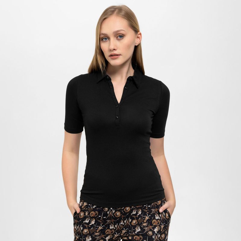 Front Buttoned Collared Short Sleeve Lycra Blouse  In Black image