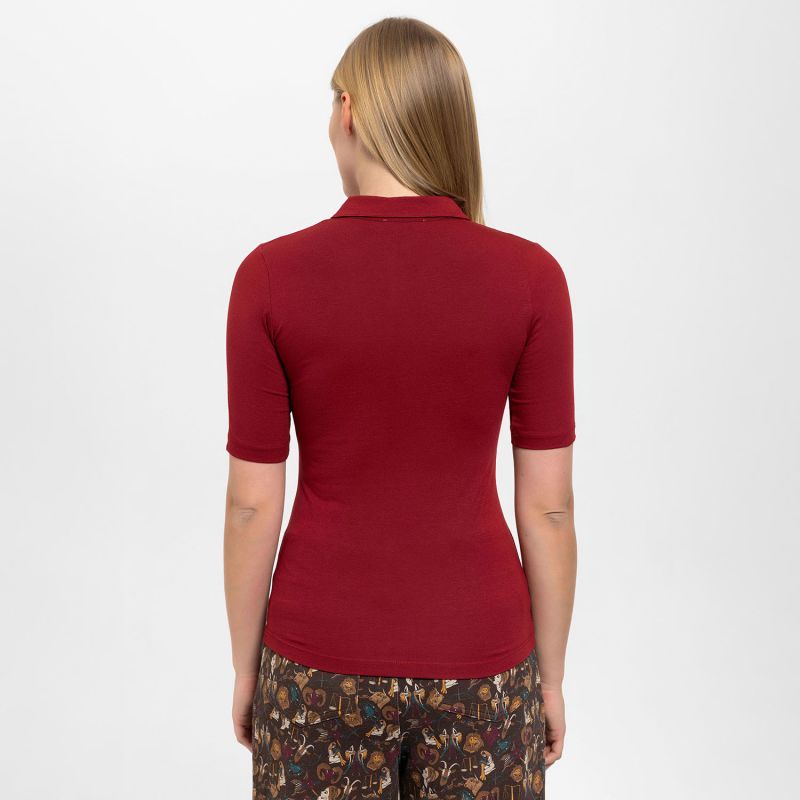 Front Buttoned Collared Short Sleeve Lycra Blouse In Red image