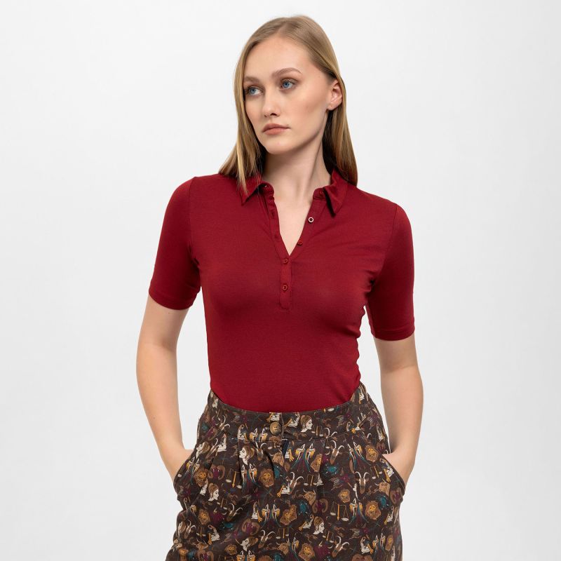 Front Buttoned Collared Short Sleeve Lycra Blouse In Red image