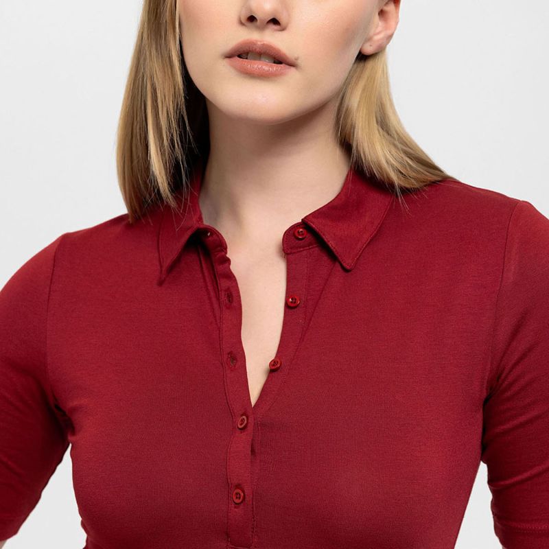 Front Buttoned Collared Short Sleeve Lycra Blouse In Red image