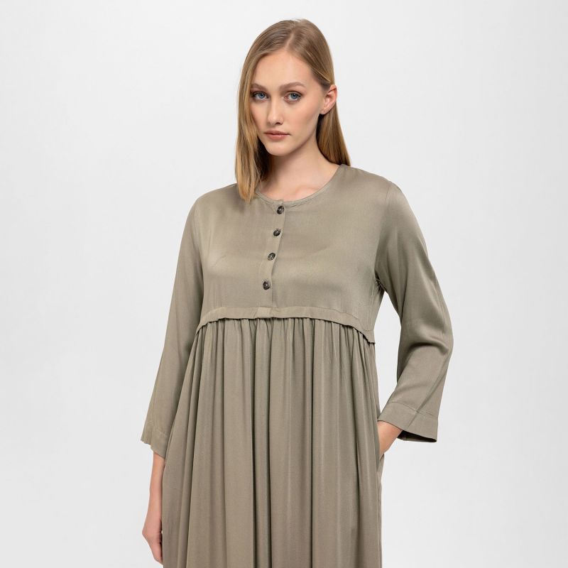 Front Buttoned Wrap Draped Satin Dress In Khaki image