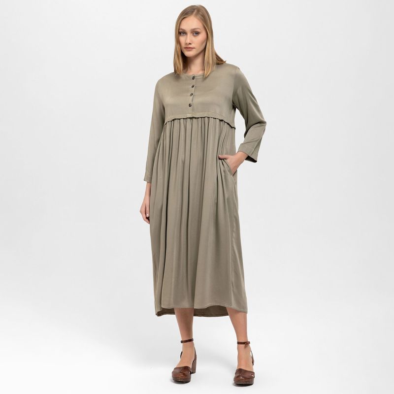 Front Buttoned Wrap Draped Satin Dress In Khaki image