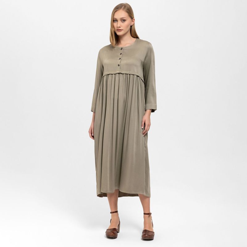 Front Buttoned Wrap Draped Satin Dress In Khaki image