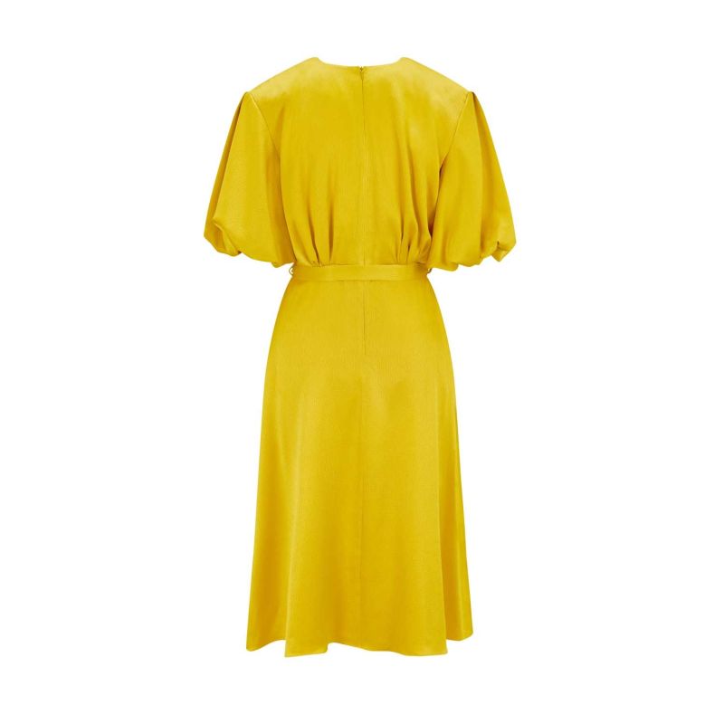 Draped Puff Sleeve Satin Dress - Golden Yellow image