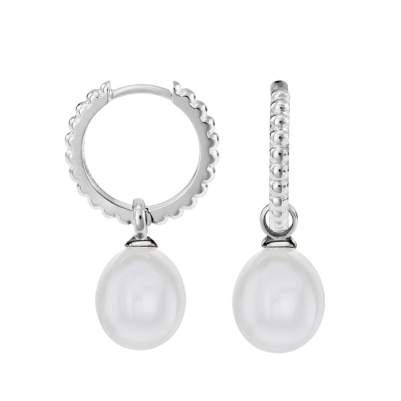 Timeless Oval Pearl Charm Hoops In Silver image