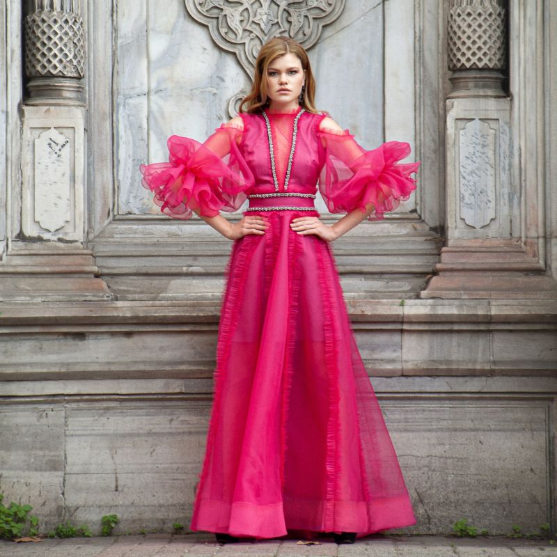 Fuchsia Evening Gown With Puffed Sleeves image