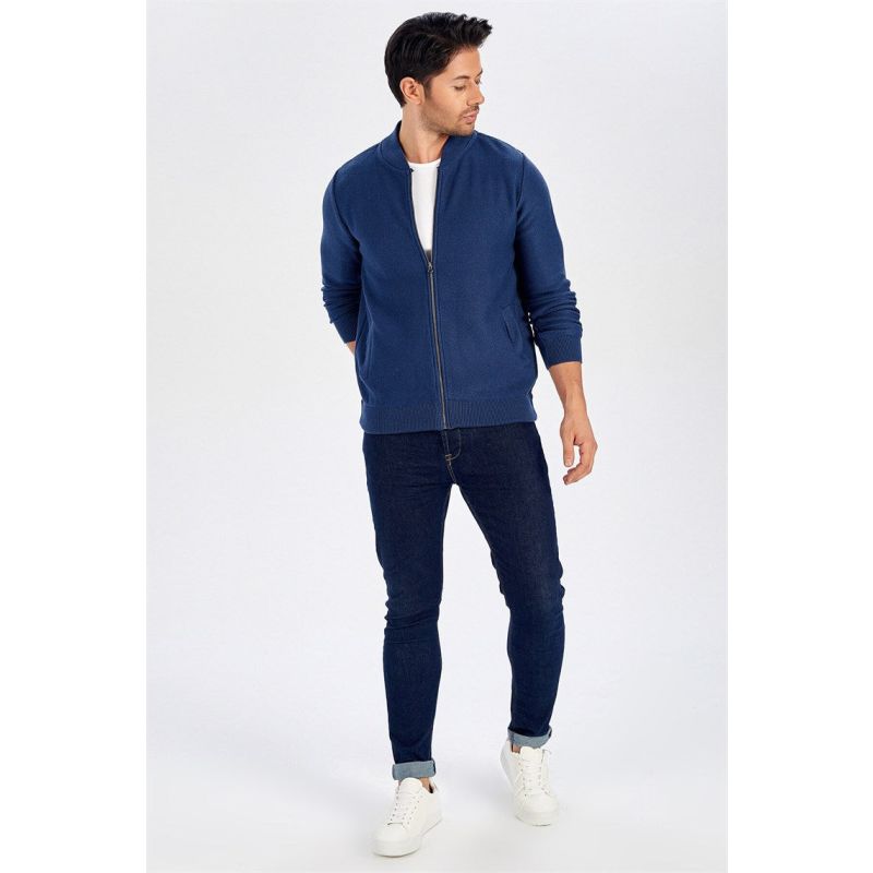 Pique Knit Zipped Men's Cardigan - Indigo image