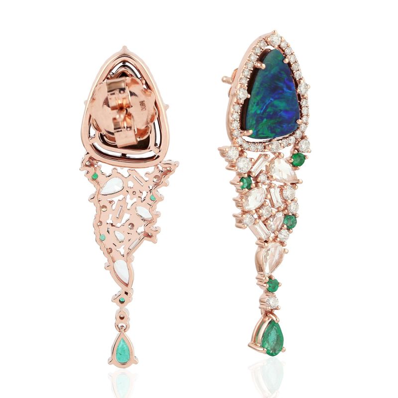 18K Rose Gold Baguette Diamond Opal Doublet Dangle Earrings Natural Emerald Jewelry image