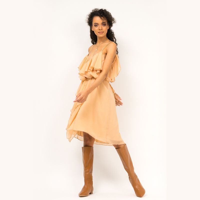 Calf Length Spaghetti Strap Dress With Ruffles & Front Buttons image