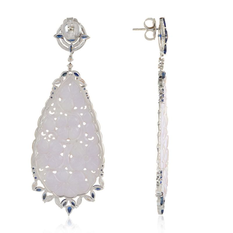 White Gold Carving Jade Diamond Sapphire Dangle Earrings image