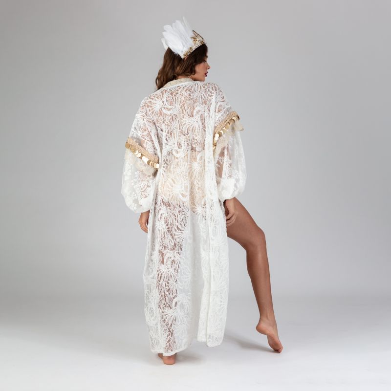 Delilah - Bohemian Robe in White Lace with Golden Orbs image