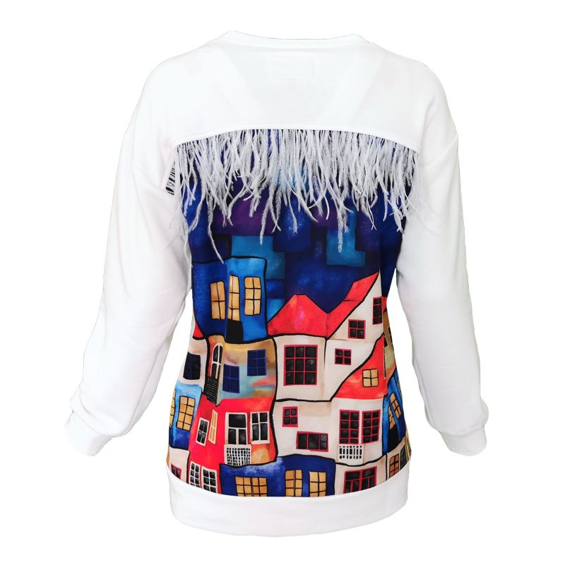 White Cotton Sweatshirt With House Pattern Print On The Back image