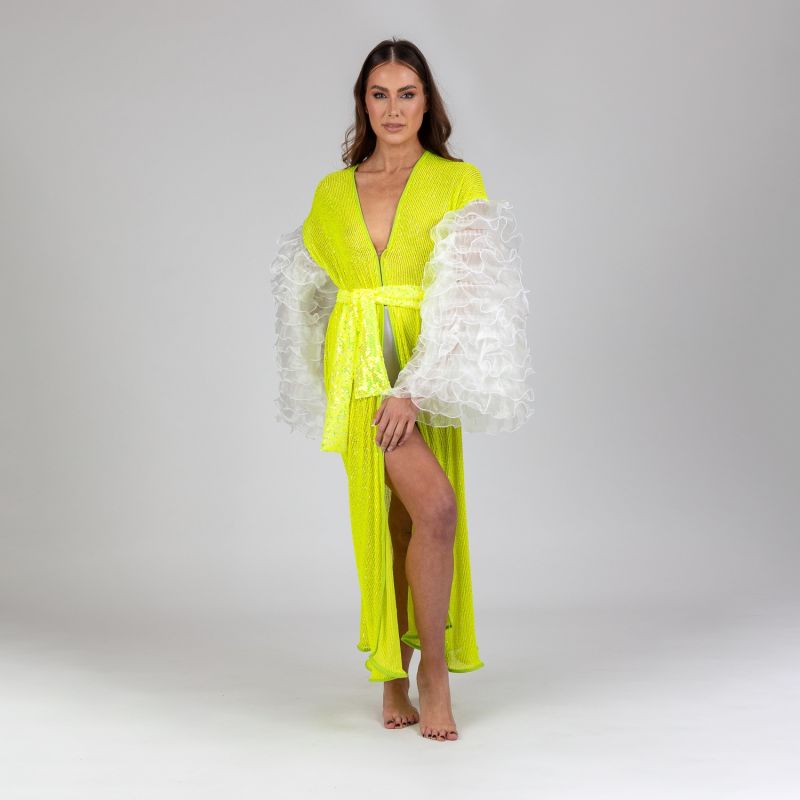 Song - Lime Green Sequin Robe With White Chiffon Frilly Sleeves image