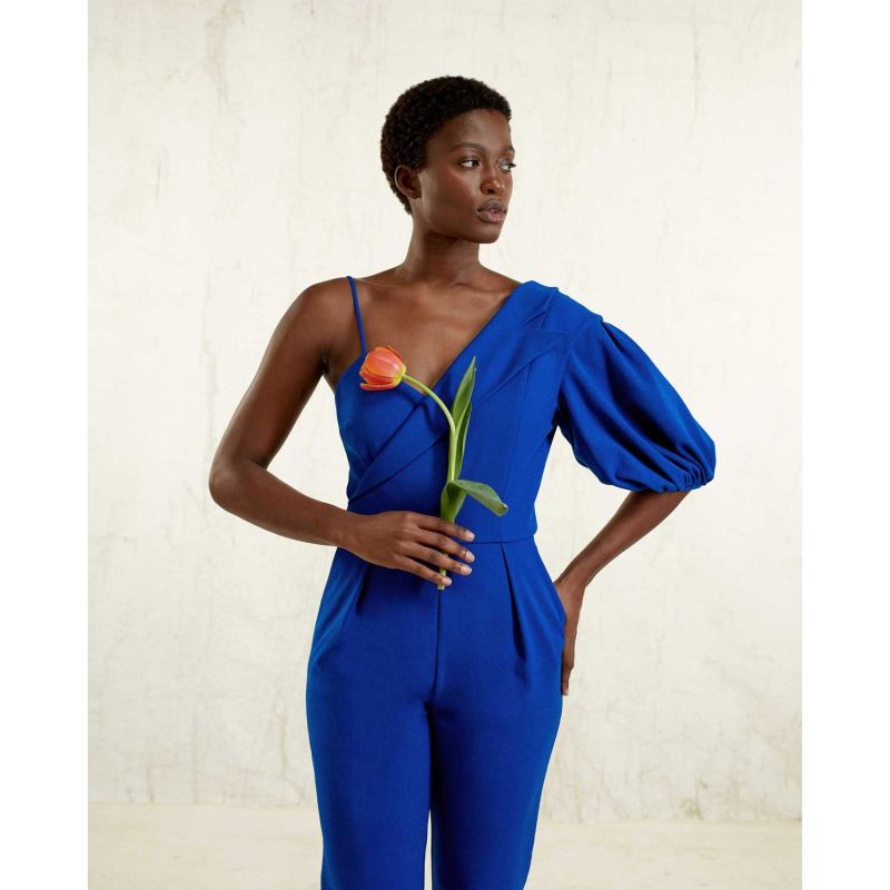 Peak Lapel Puff Sleeve Crepe Jumpsuit - Royal Blue image