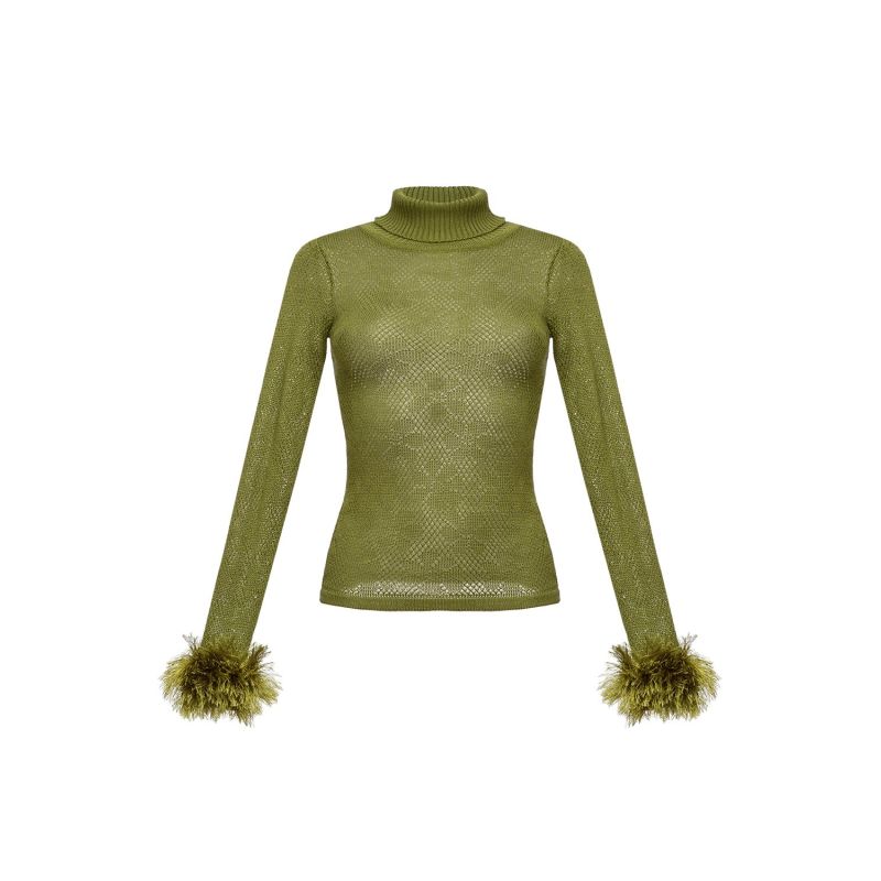 Green Knit Turtleneck With Handmade Knit Details image