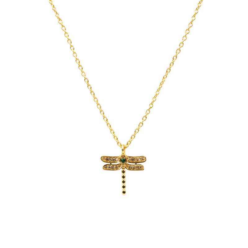 Diamond & Emerald Dragon Fly Necklace Gold image