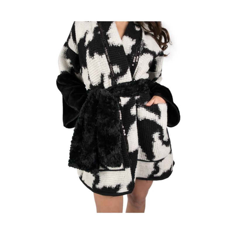 Elliott - Black And White Long Line Jacket In Wool And Faux Fur image