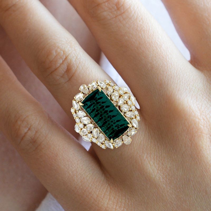 Solid Yellow Gold Natural Diamond Tourmaline Cocktail Engagement Ring image