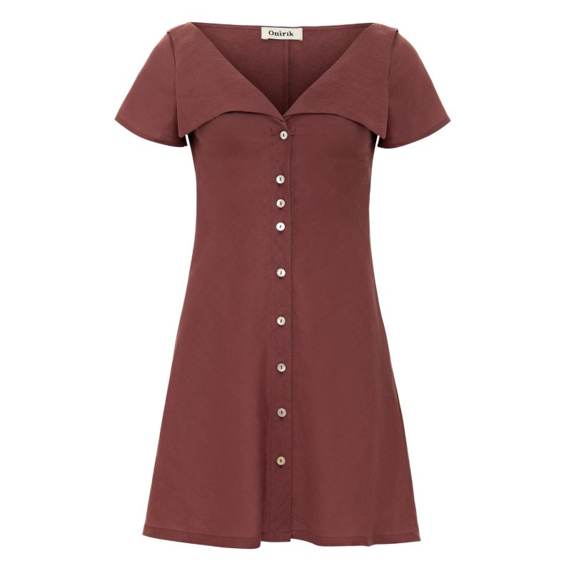 Gabi Short Shirt Dress In Pure Linen In Plum With Shell Buttons And Sailor Collar image