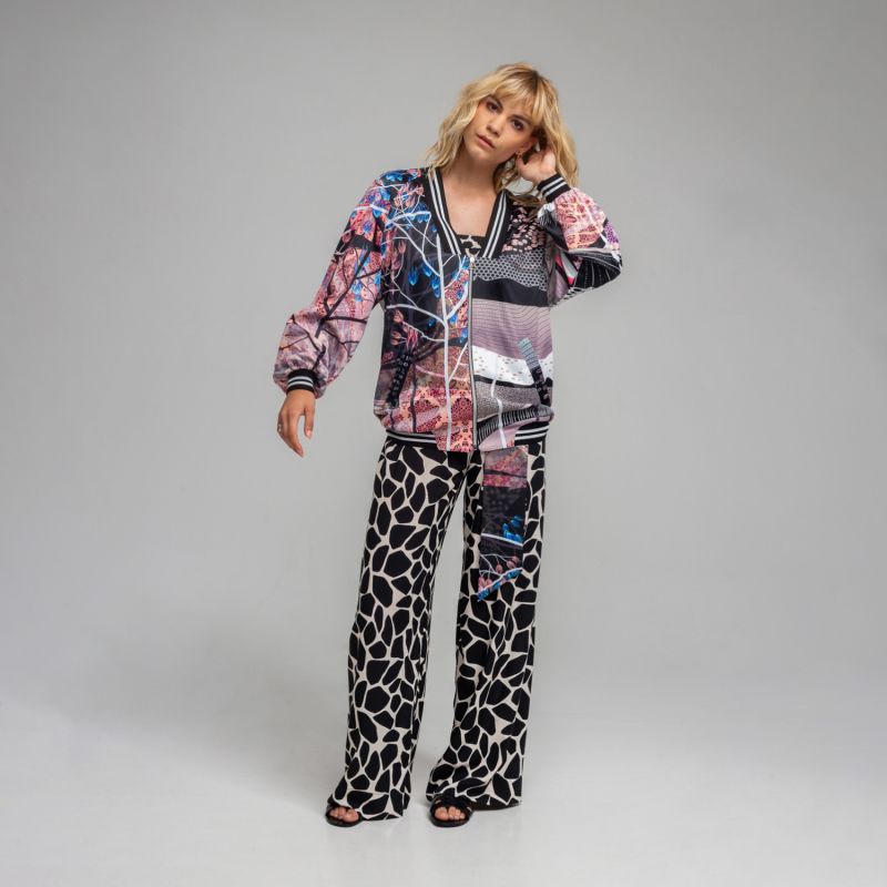 Gaia V-Neck Printed Zipped Long Bomber Jacket image