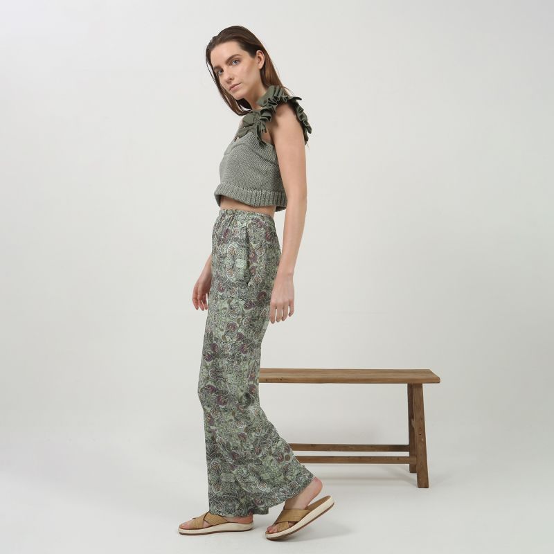 Green Straight Cut Trousers With Elastic Waistband image