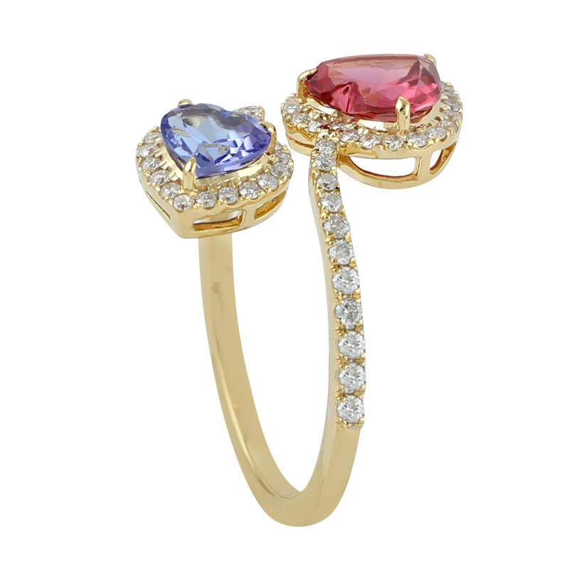 18K Yellow Gold In Pave Diamond With Heart Shape Tanzanite & Tourmaline Bypass Ring image