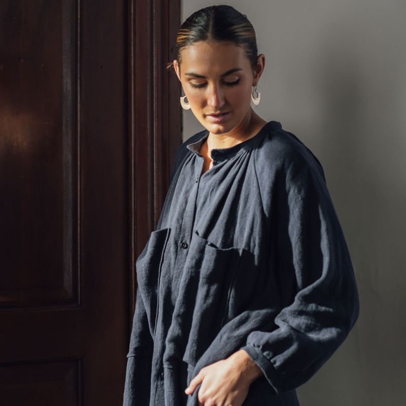 Gathered Linen Midi Shirt Dress - Black image