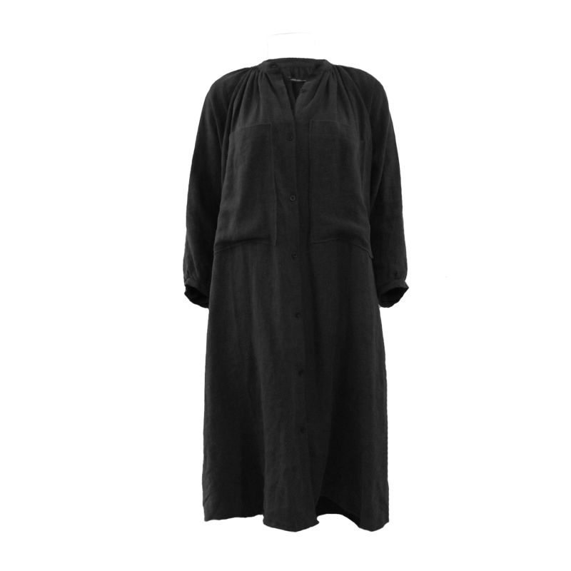 Gathered Linen Midi Shirt Dress - Black image