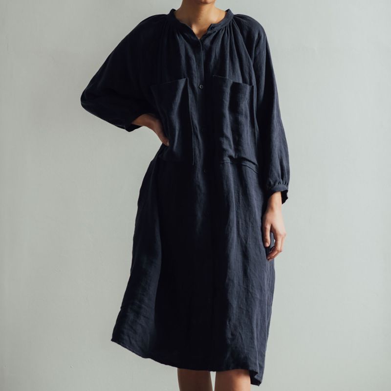 Gathered Linen Midi Shirt Dress - Indigo image