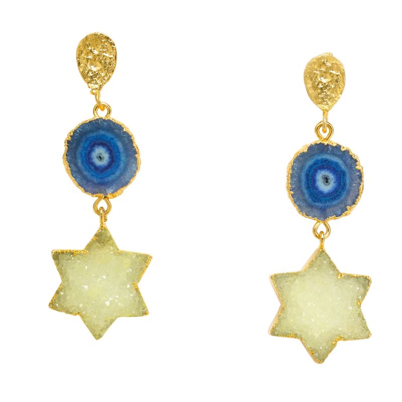 Night Sky Lemon Denim Blue Star Gold Gemstone Statement Earrings image