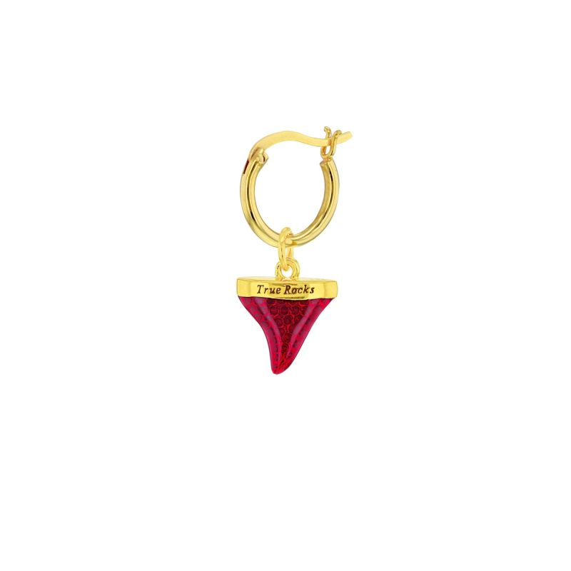 18Kt Gold Plated & Red Mini Sharks Tooth Charm On Gold Hoop Earring image