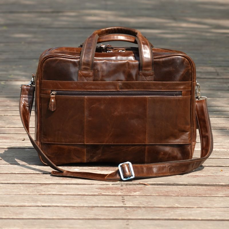 Genuine Leather Briefcase With Luggage Strap - Vintage Brown image