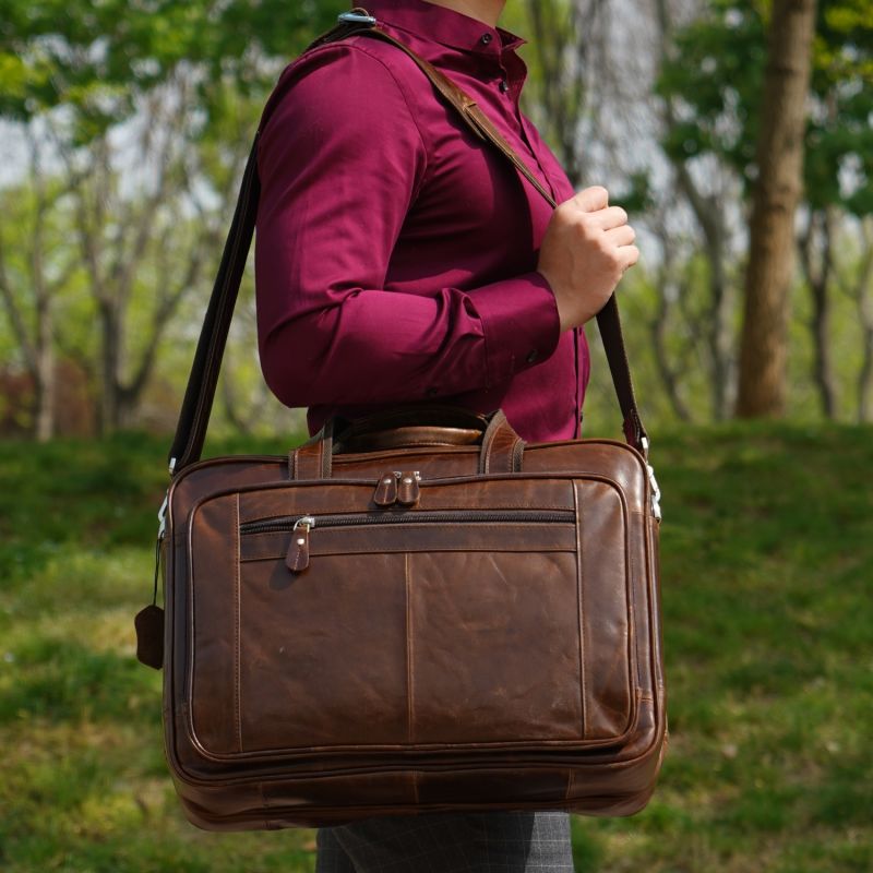 Genuine Leather Briefcase With Luggage Strap - Vintage Brown image