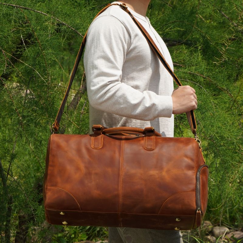 Genuine Leather Gym Bag With Shoe Storage - Light Brown image