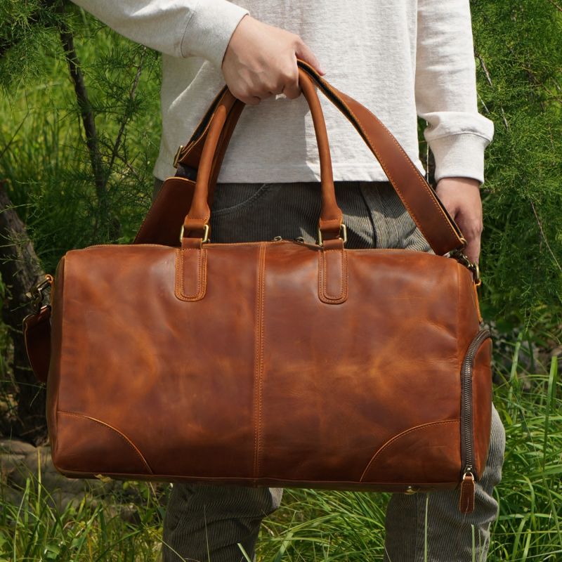 Genuine Leather Gym Bag With Shoe Storage - Light Brown image