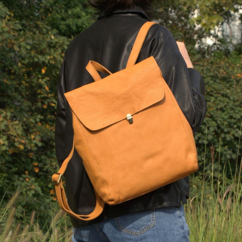 Genuine Leather Slim Backpack- Mustard image