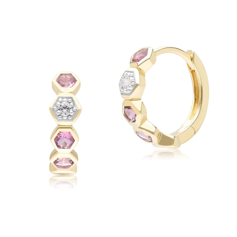 Geometric Round Pink Tourmaline & Sapphire Hoop Earrings In Yellow Gold image