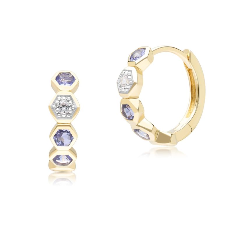 Geometric Round Tanzanite & Sapphire Hoop Earrings In Yellow Gold image