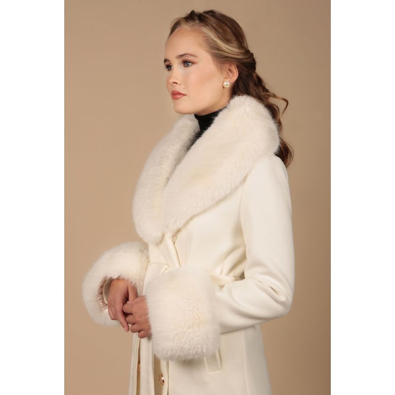 'Marlene' 100% Cashmere & Wool Coat With Faux Fur In White image