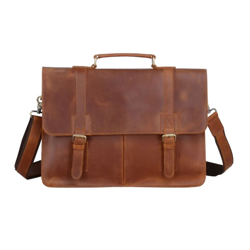 Worn Look Genuine Leather Briefcase - Brown image