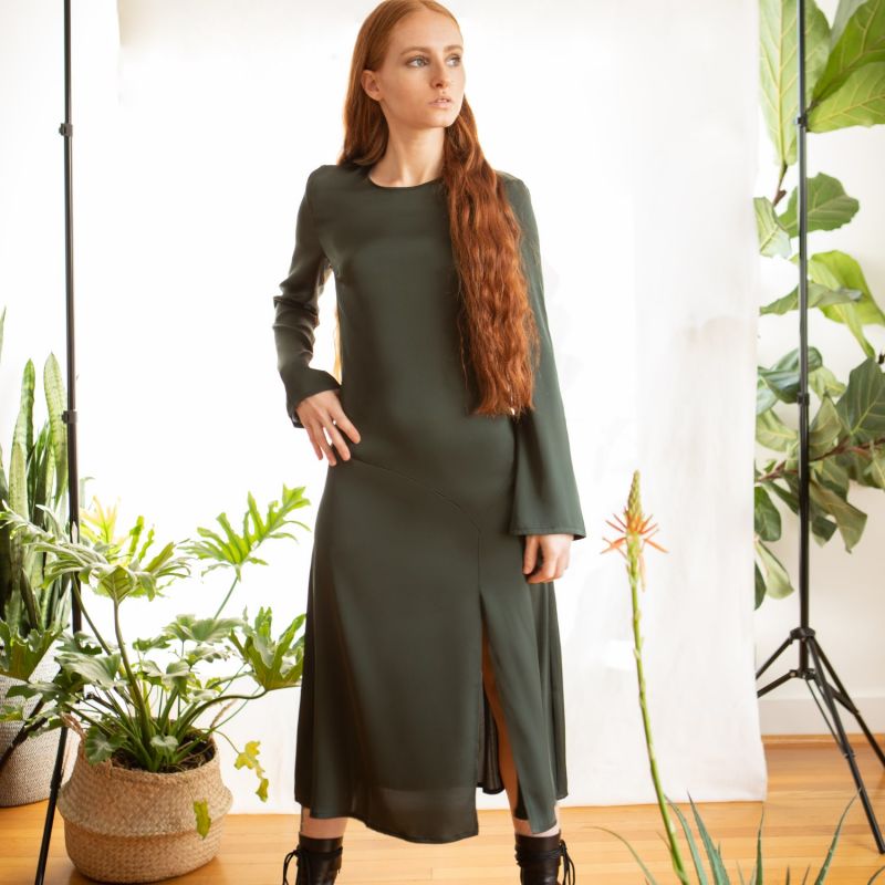 Nina Midi Dress In Dark Forest Green Silk image