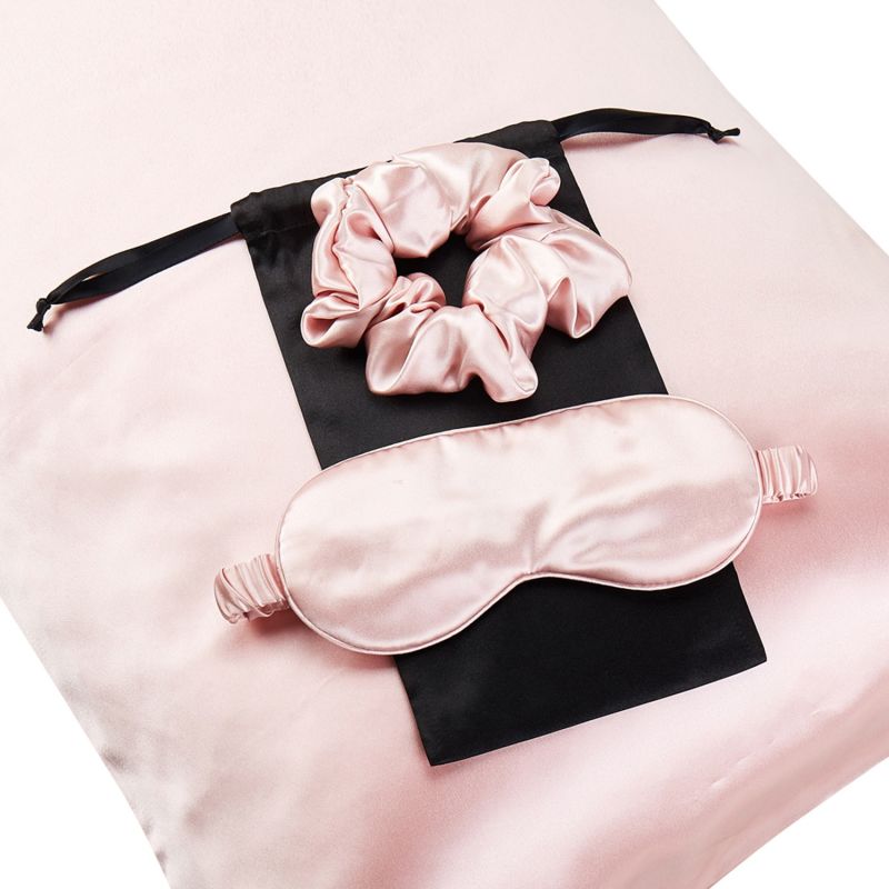 Gift Set: Baby Pink Pure Mulberry Silk Pillowcase, Eye Mask And Scrunchies | Standard Size image