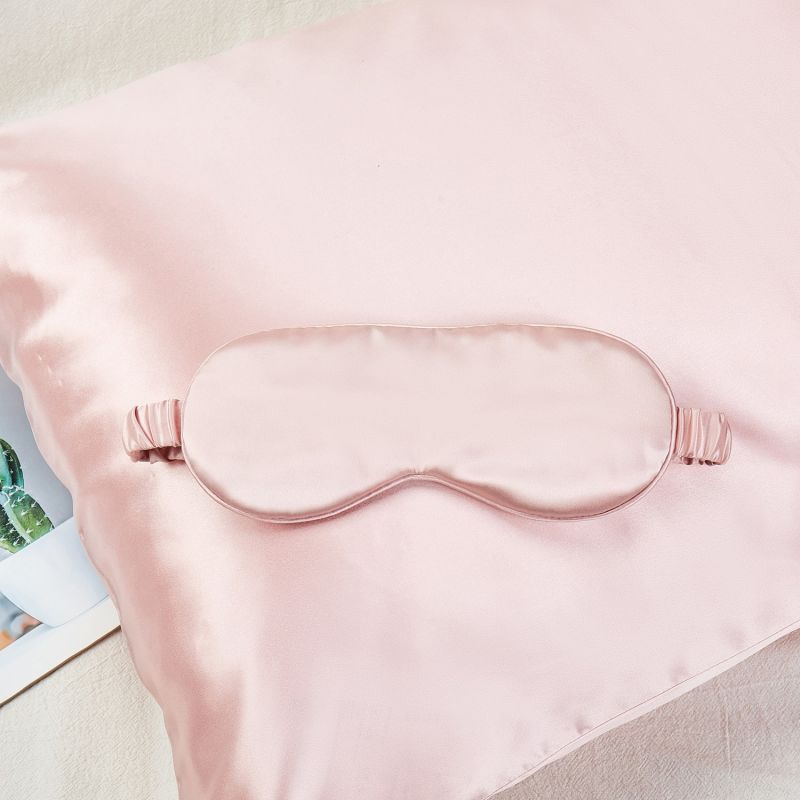 Gift Set: Baby Pink Pure Mulberry Silk Pillowcase, Eye Mask And Scrunchies | Standard Size image